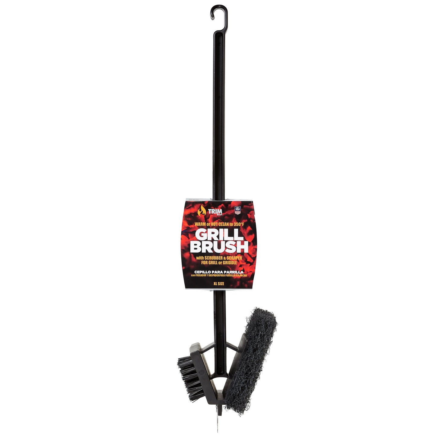 Warm or Hot Clean to 350°F, 3-in-1 XL Black BBQ Grill Brush with Scrubber & Scraper (No Harmful Wire Bristles)