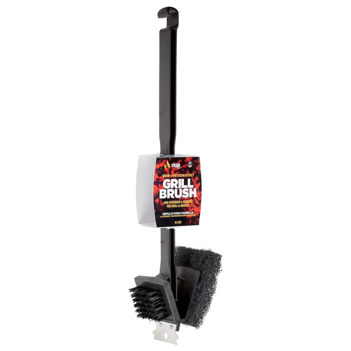 Warm or Hot Clean to 350°F, 3-in-1 XL Black BBQ Grill Brush with Scrubber & Scraper (No Harmful Wire Bristles)