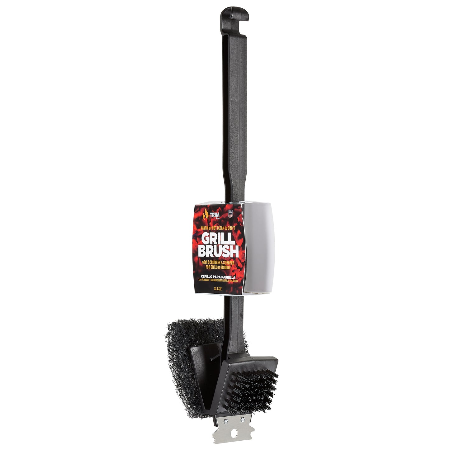 Warm or Hot Clean to 350°F, 3-in-1 XL Black BBQ Grill Brush with Scrubber & Scraper (No Harmful Wire Bristles)