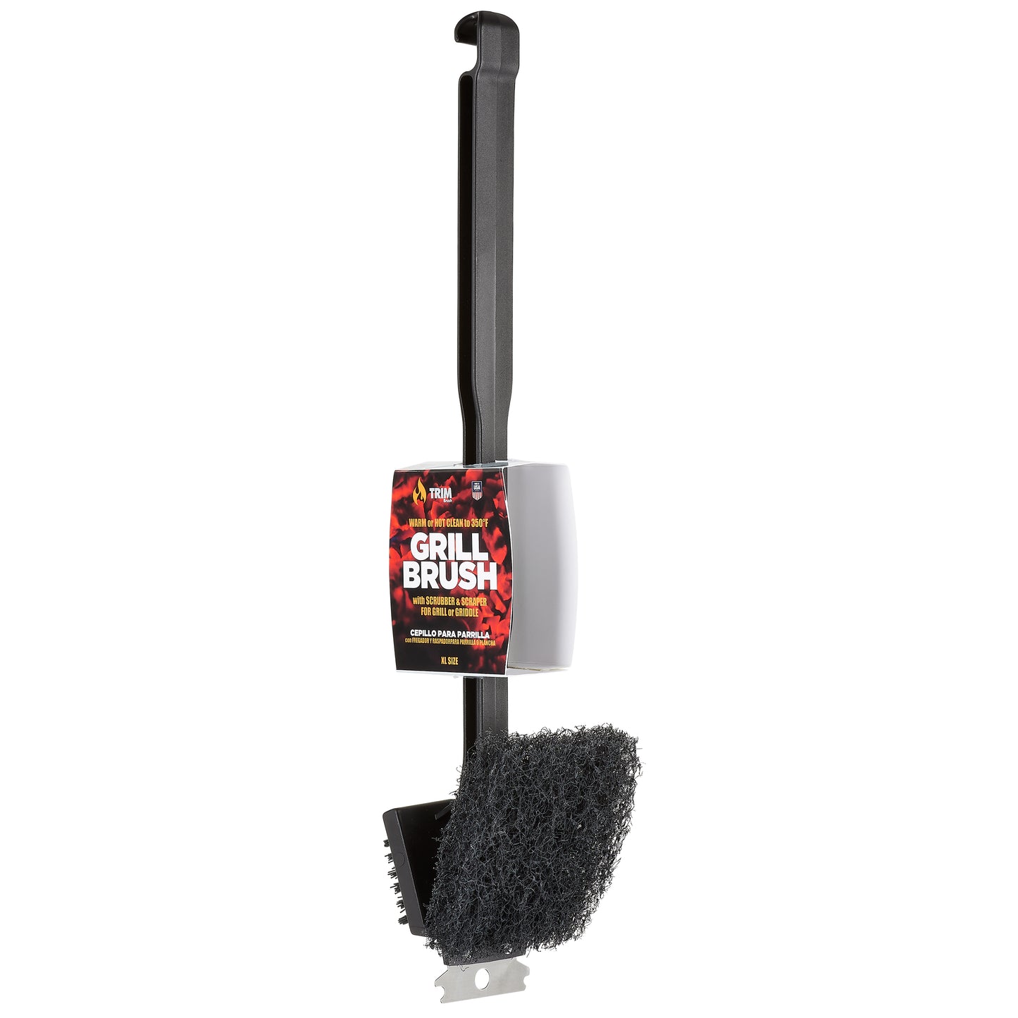 Warm or Hot Clean to 350°F, 3-in-1 XL Black BBQ Grill Brush with Scrubber & Scraper (No Harmful Wire Bristles)