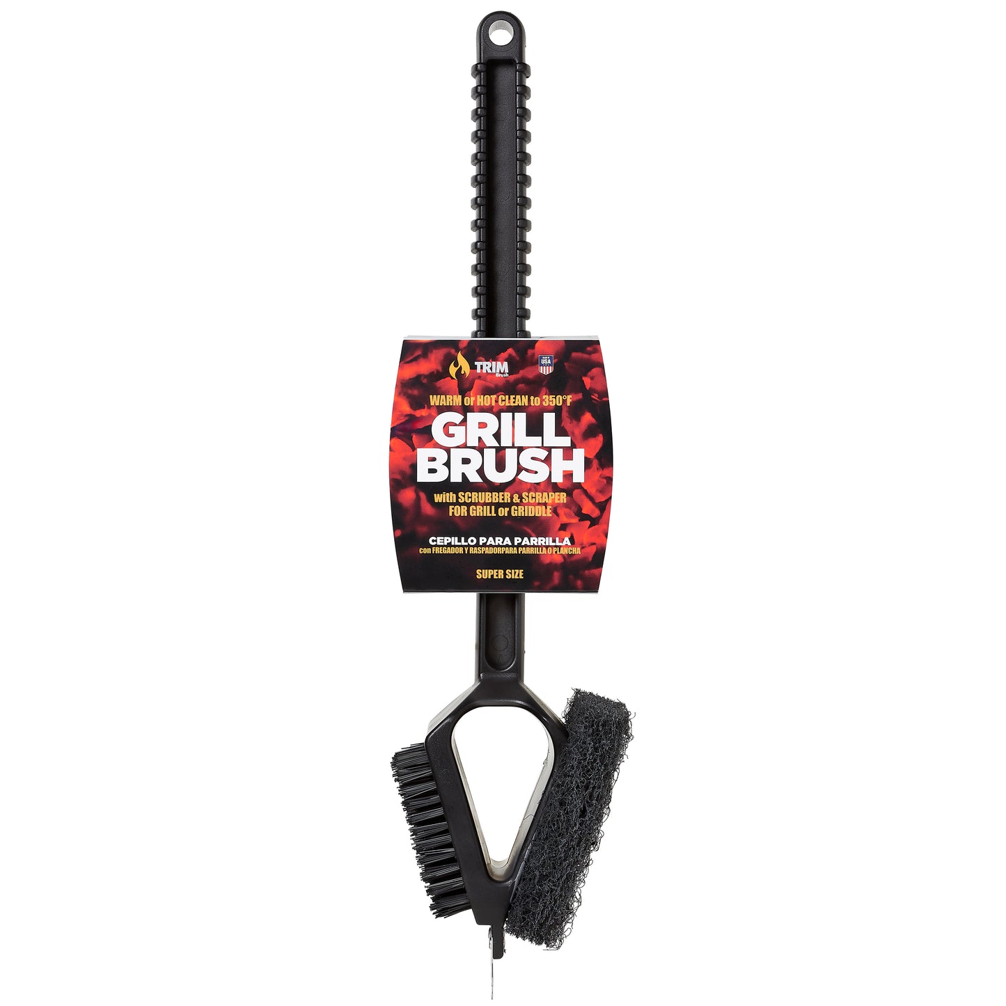Warm or Hot Clean to 350°F, 3-in-1 SuperSize Black BBQ Grill Brush with Scrubber & Scraper (No Harmful Wire Bristles)