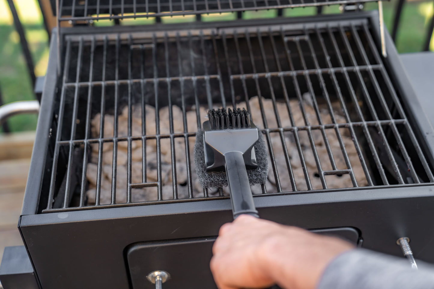 Warm or Hot Clean to 350°F, 3-in-1 SuperSize Black BBQ Grill Brush with Scrubber & Scraper (No Harmful Wire Bristles)