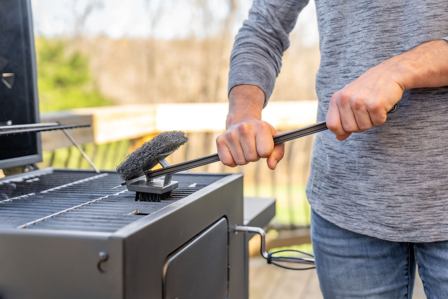 Warm or Hot Clean to 350°F, 3-in-1 XL Black BBQ Grill Brush with Scrubber & Scraper (No Harmful Wire Bristles)