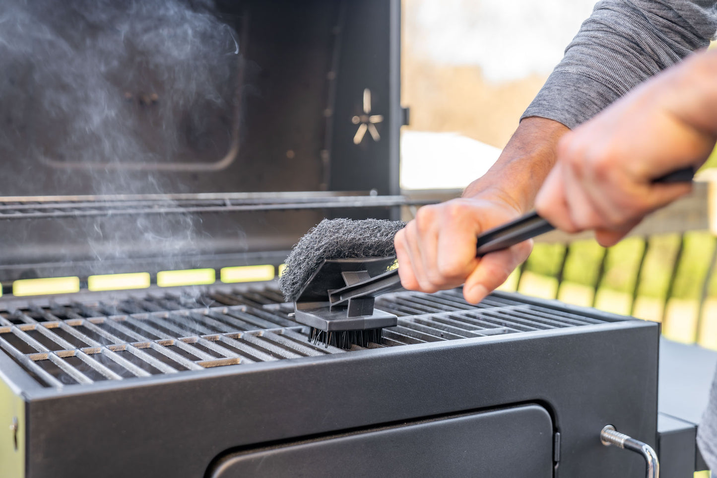 Warm or Hot Clean to 350°F, 3-in-1 XL Black BBQ Grill Brush with Scrubber & Scraper (No Harmful Wire Bristles)