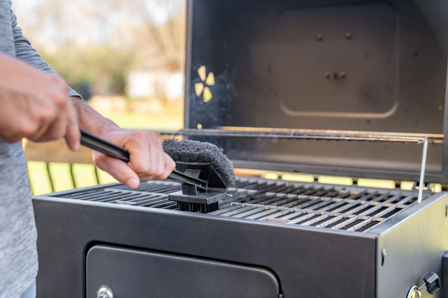 Warm or Hot Clean to 350°F, 3-in-1 XL Black BBQ Grill Brush with Scrubber & Scraper (No Harmful Wire Bristles)