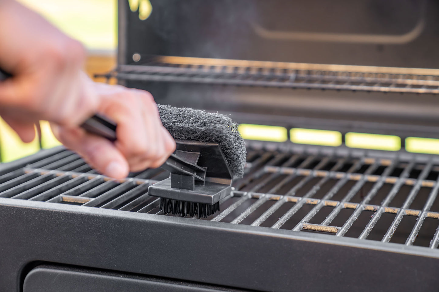 Warm or Hot Clean to 350°F, 3-in-1 XL Black BBQ Grill Brush with Scrubber & Scraper (No Harmful Wire Bristles)