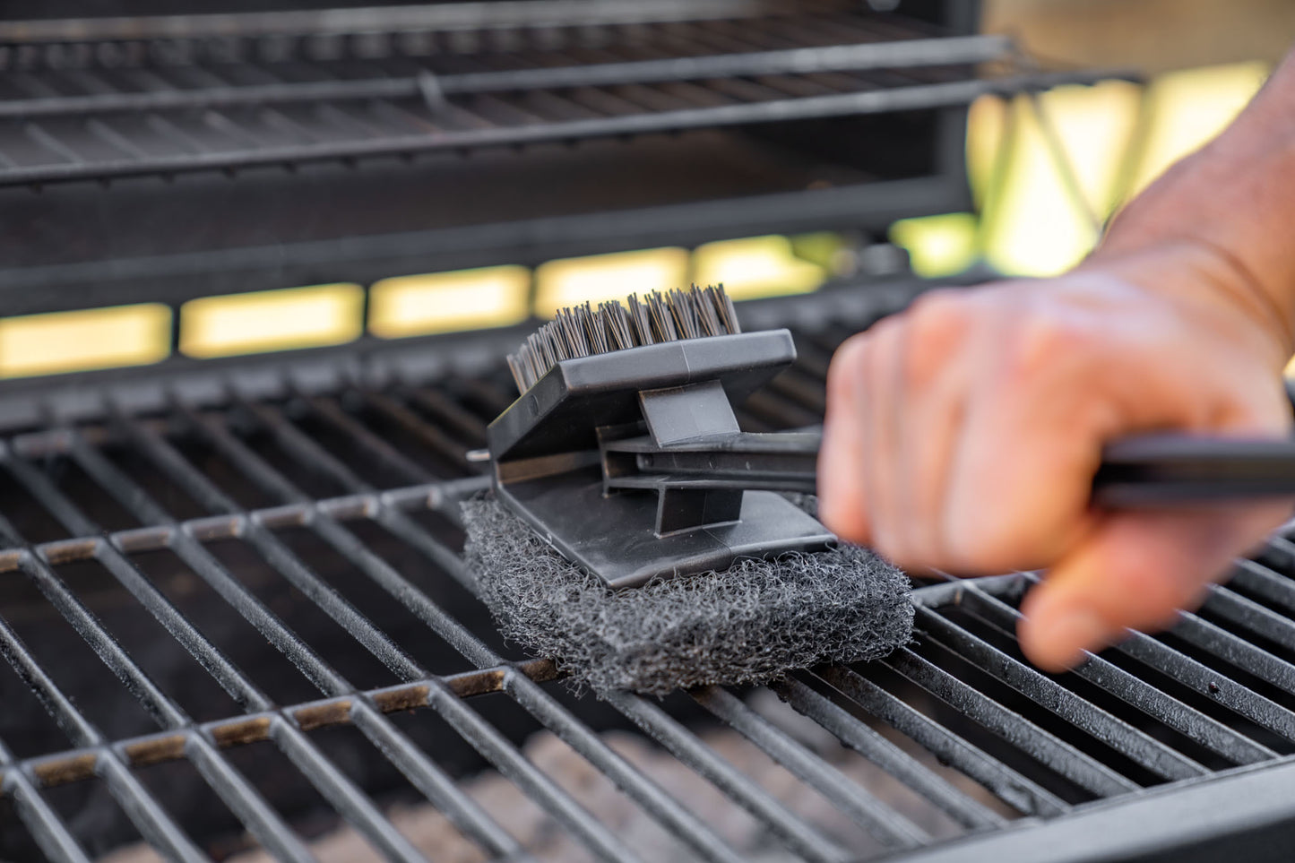 Warm or Hot Clean to 350°F, 3-in-1 XL Black BBQ Grill Brush with Scrubber & Scraper (No Harmful Wire Bristles)