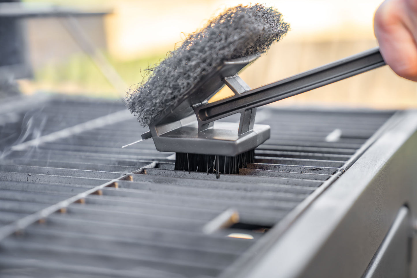 Warm or Hot Clean to 350°F, 3-in-1 XL Black BBQ Grill Brush with Scrubber & Scraper (No Harmful Wire Bristles)