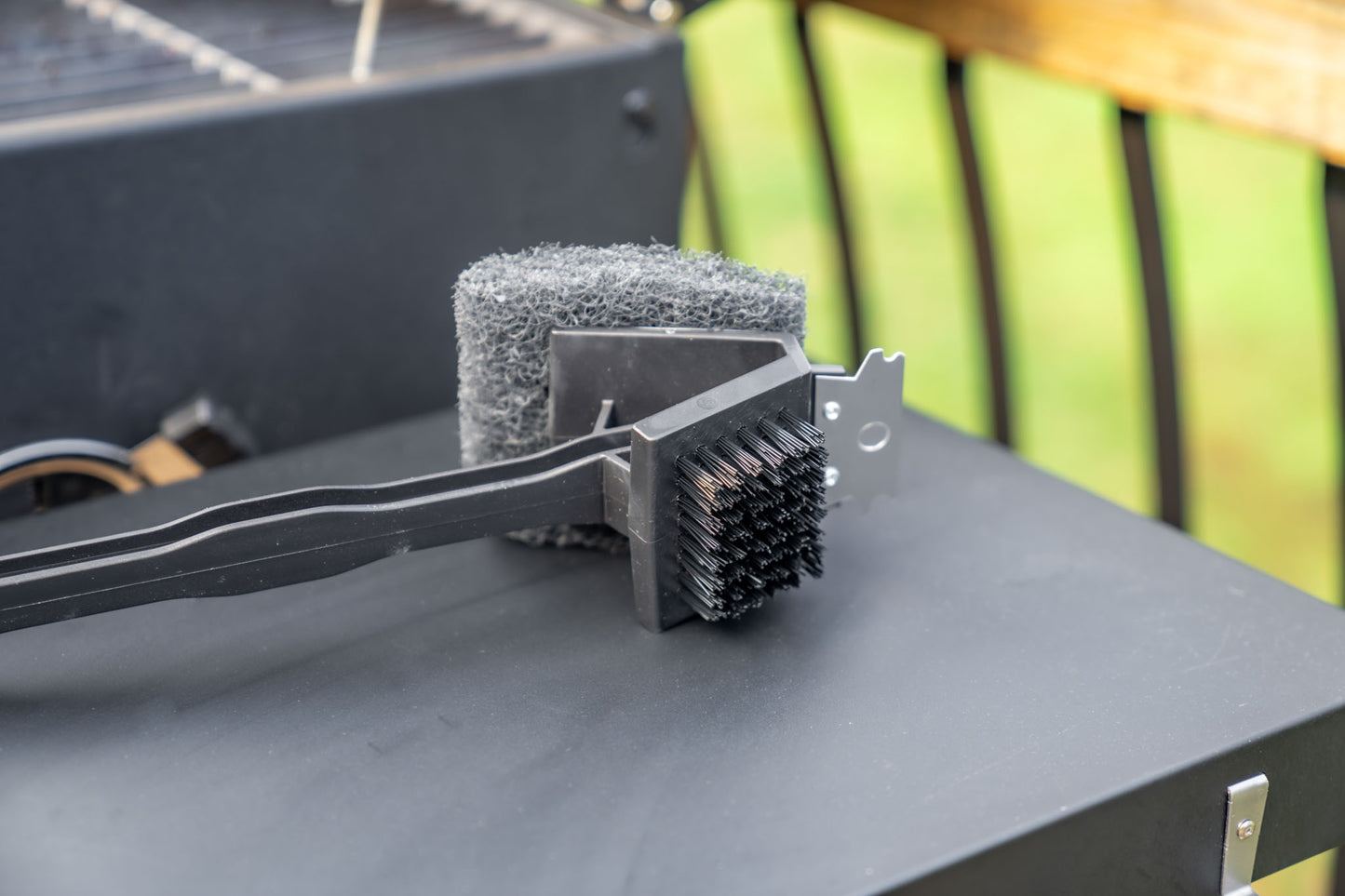 Warm or Hot Clean to 350°F, 3-in-1 XL Black BBQ Grill Brush with Scrubber & Scraper (No Harmful Wire Bristles)