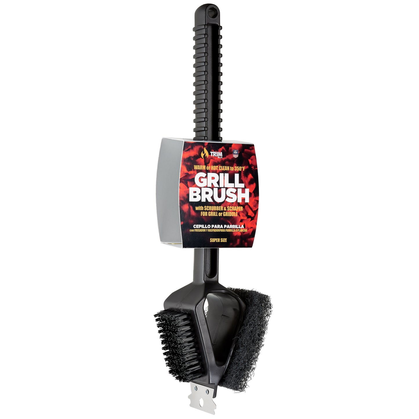 Warm or Hot Clean to 350°F, 3-in-1 SuperSize Black BBQ Grill Brush with Scrubber & Scraper (No Harmful Wire Bristles)