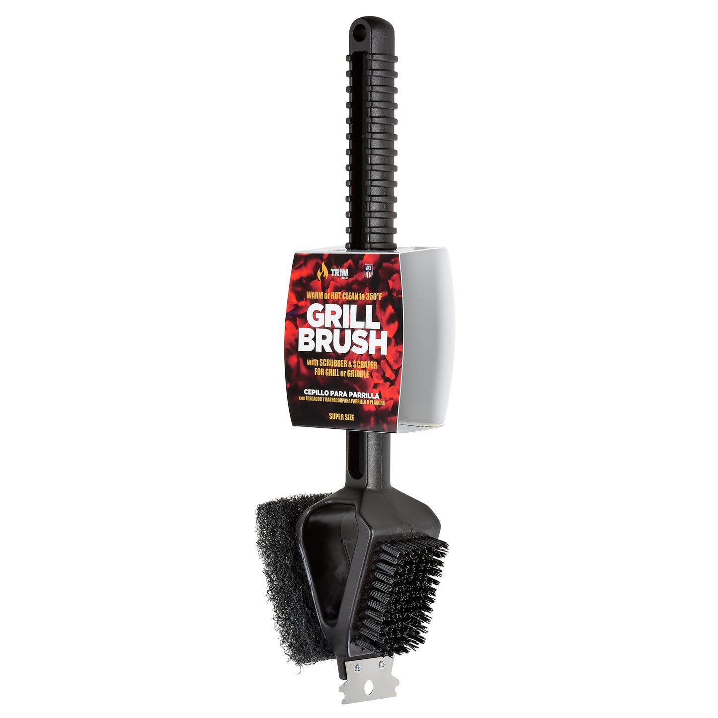Warm or Hot Clean to 350°F, 3-in-1 SuperSize Black BBQ Grill Brush with Scrubber & Scraper (No Harmful Wire Bristles)