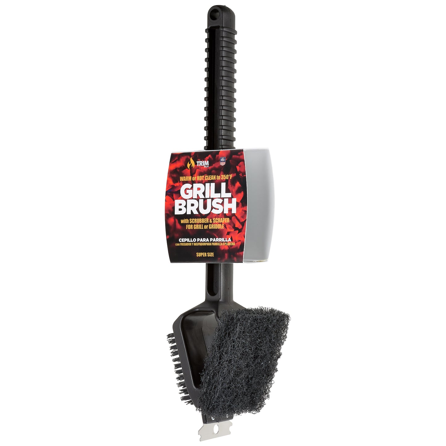 Warm or Hot Clean to 350°F, 3-in-1 SuperSize Black BBQ Grill Brush with Scrubber & Scraper (No Harmful Wire Bristles)
