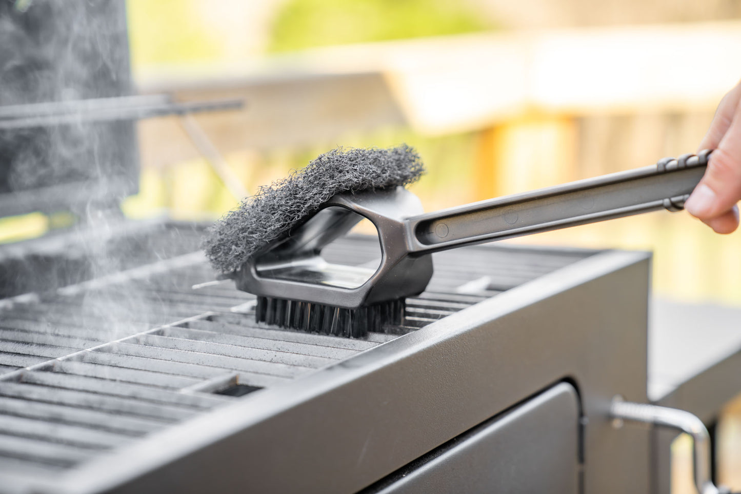 Warm or Hot Clean to 350°F, 3-in-1 SuperSize Black BBQ Grill Brush with Scrubber & Scraper (No Harmful Wire Bristles)
