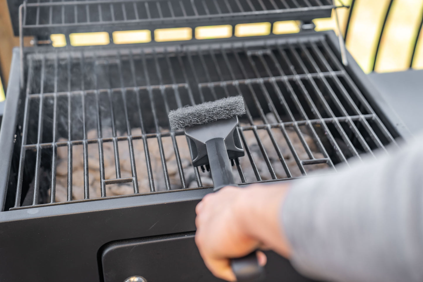 Warm or Hot Clean to 350°F, 3-in-1 SuperSize Black BBQ Grill Brush with Scrubber & Scraper (No Harmful Wire Bristles)