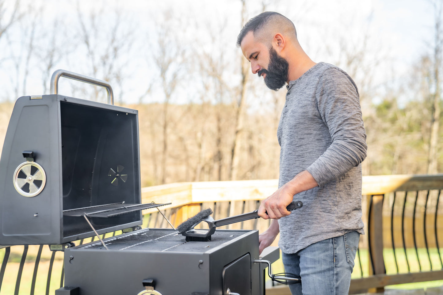 Warm or Hot Clean to 350°F, 3-in-1 SuperSize Black BBQ Grill Brush with Scrubber & Scraper (No Harmful Wire Bristles)
